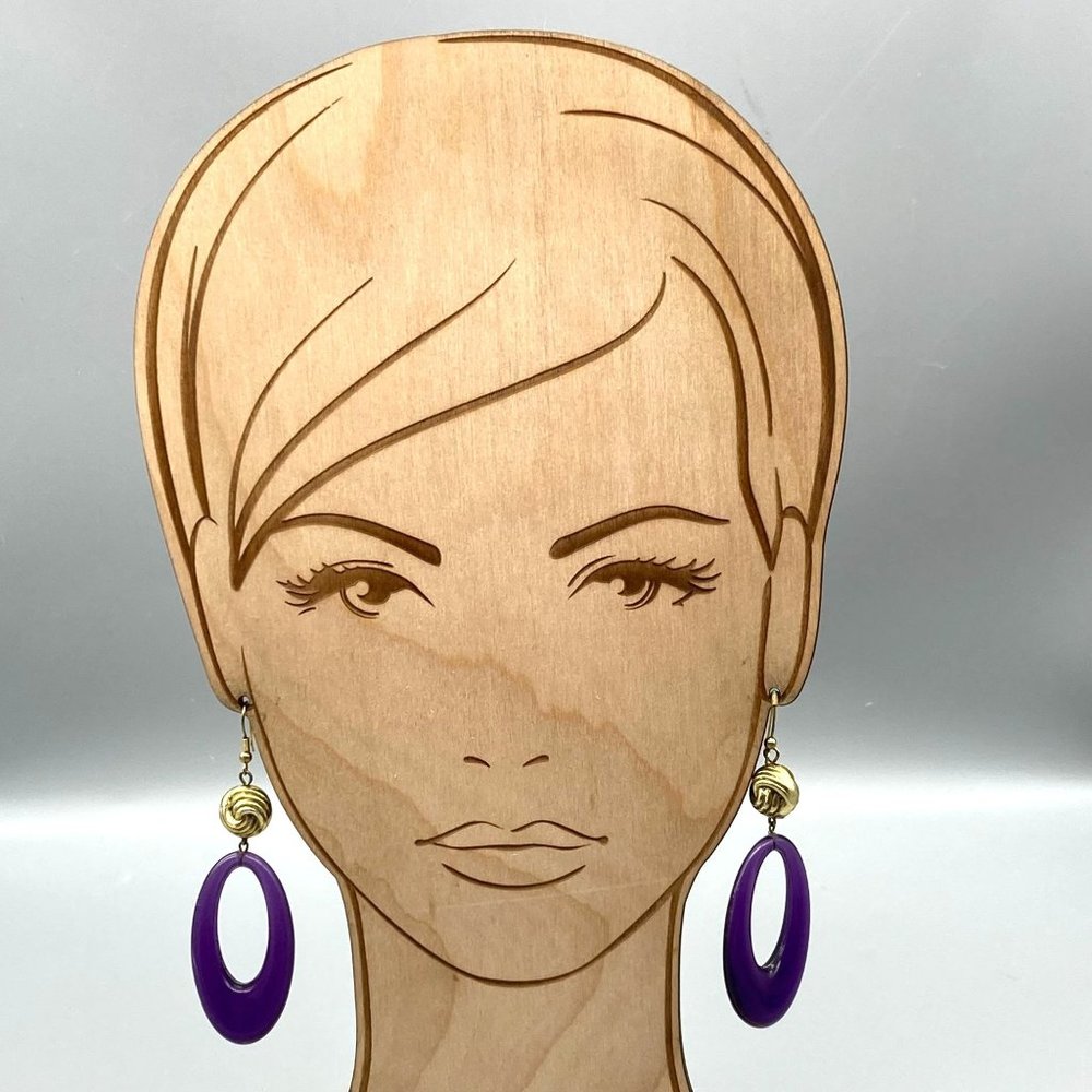 Unique Elongated Hoop Dangle Earrings, Gold Tone Vintage Knot drops to Purple - Picture 3 of 5